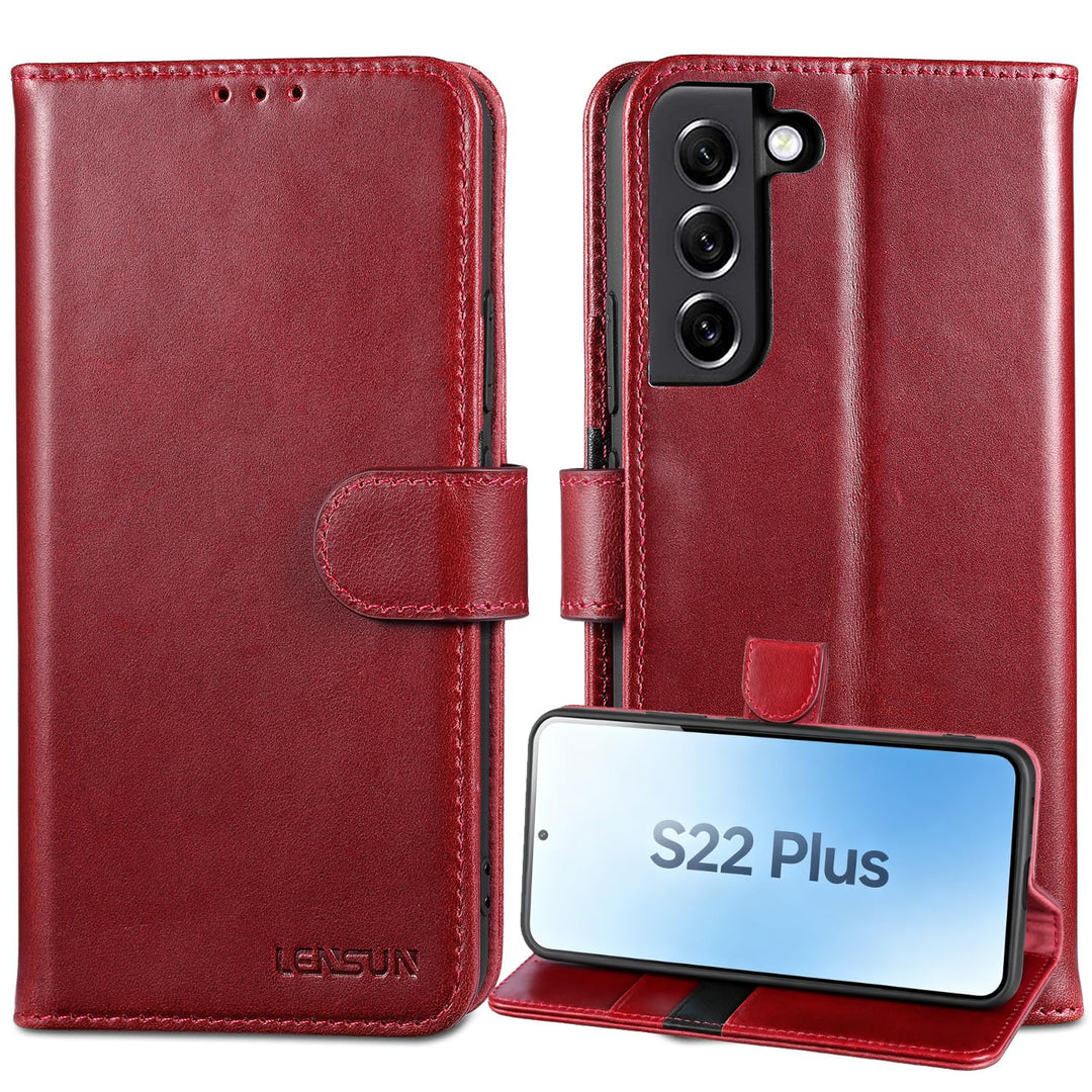 LENSUN Echtleder Hülle für Samsung Galaxy S22 Plus, Handyhülle [Echtes Leder][Magnetverschluss][RFID