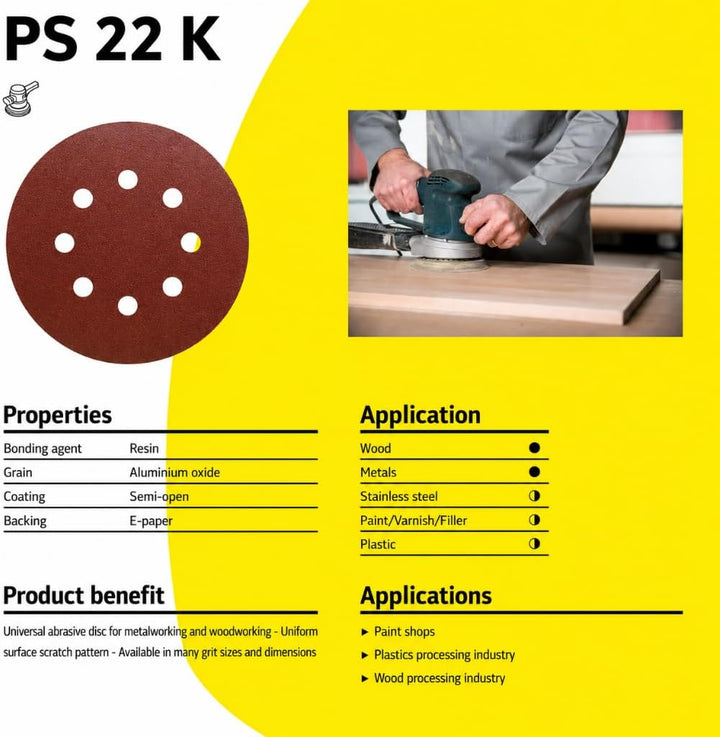 Klingpsor 89486 - PS 22 K Schleifscheibe mit Papierunterlage, selbstbefestigend, ⌀125 - Korn 40, 50