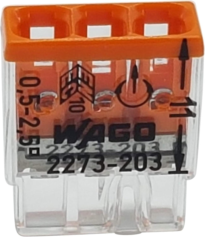 100 Stück Wago 2273-203 COMPACT-Verbindungsdosenklemme Ø 0,5-2,5 mm², 3-polig, transparent/orange
