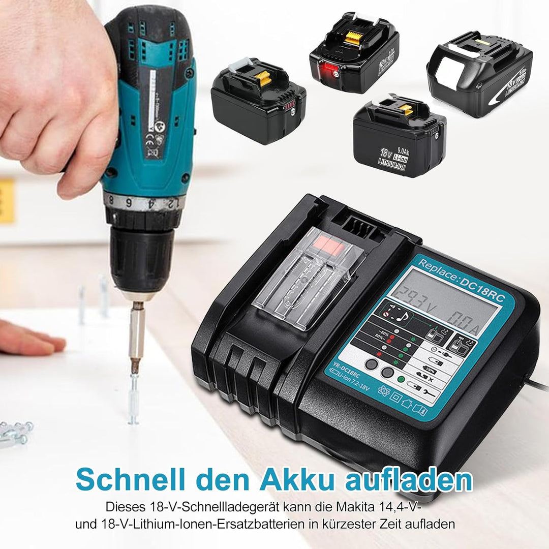 Akku 18v Ladegerät DC18RC Schnellladegerät Kompatibel mit Makita 14,4 Volt und 18 Volt Li-Ion Ersatz