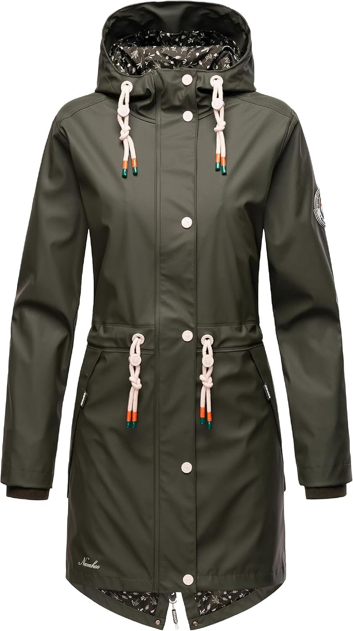 Navahoo Damen Übergangsjacke Regenmantel wasserdicht lang mit Kapuze Tropical Stormoo XS-3XL S Oliv,
