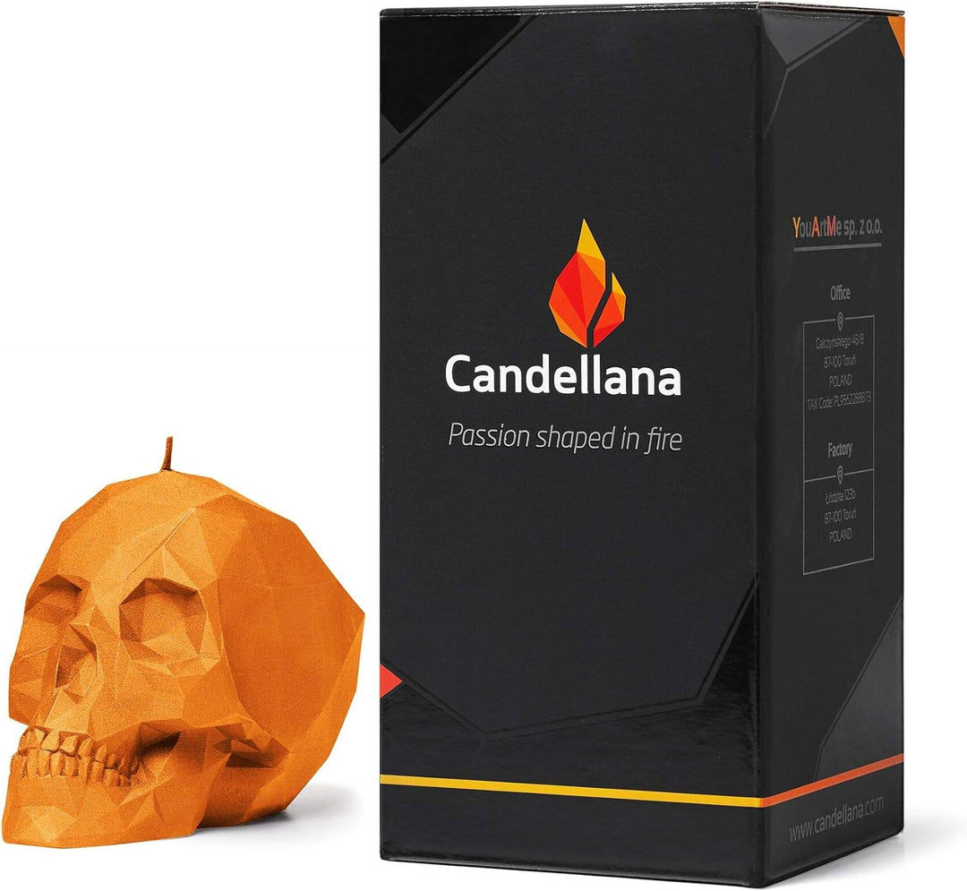Candellana Kerze Kleiner Schädel Low Poly | Höhe: 7,5 cm | Orange | Totenkopf | Handgemacht in der E