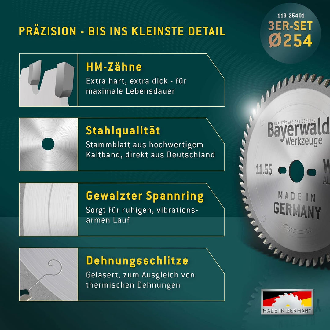 Bayerwald Kreissägeblatt Set Ø254 (3 tlg.) - für Holz Längs &amp; Querschnitte - geeignet für Tischkreis
