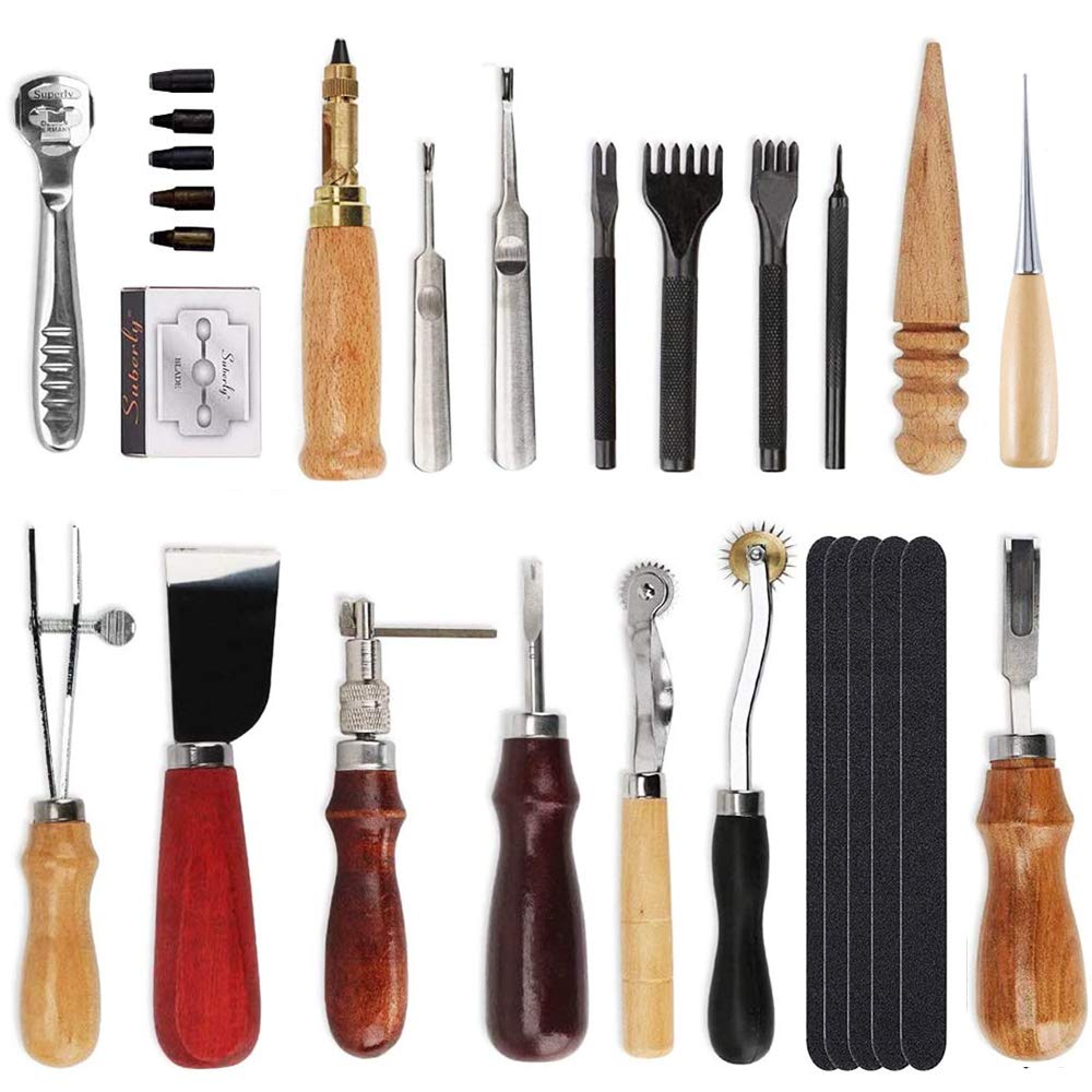 Grasomtools 18 Stück Leder Carft Punch Tools Kit Nähen Schnitzen Arbeiten Nähen Sattel Groover Leder