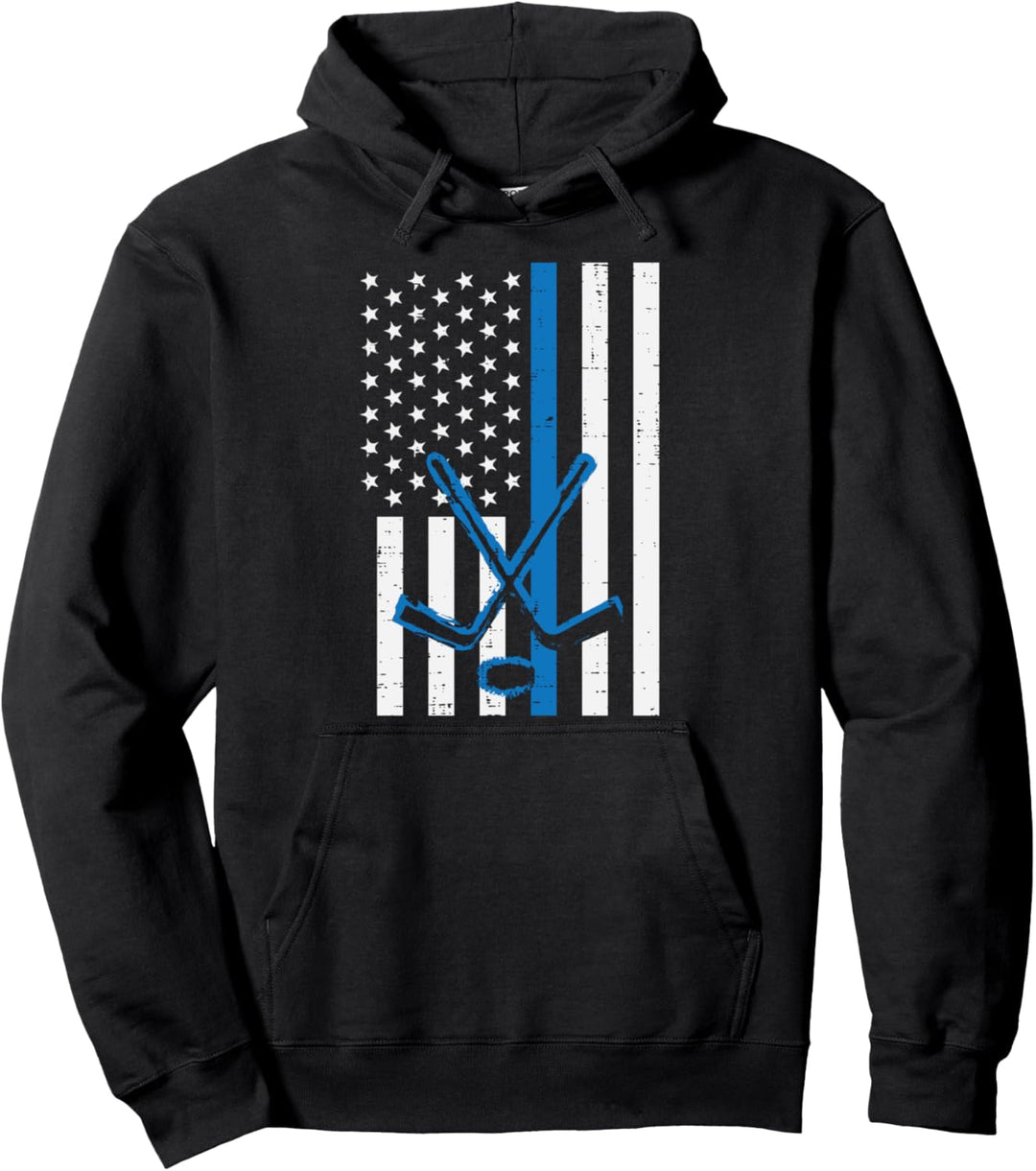 US Flag Blue Line Ice Hockey Vintage Patriotic Police Cop Pullover Hoodie