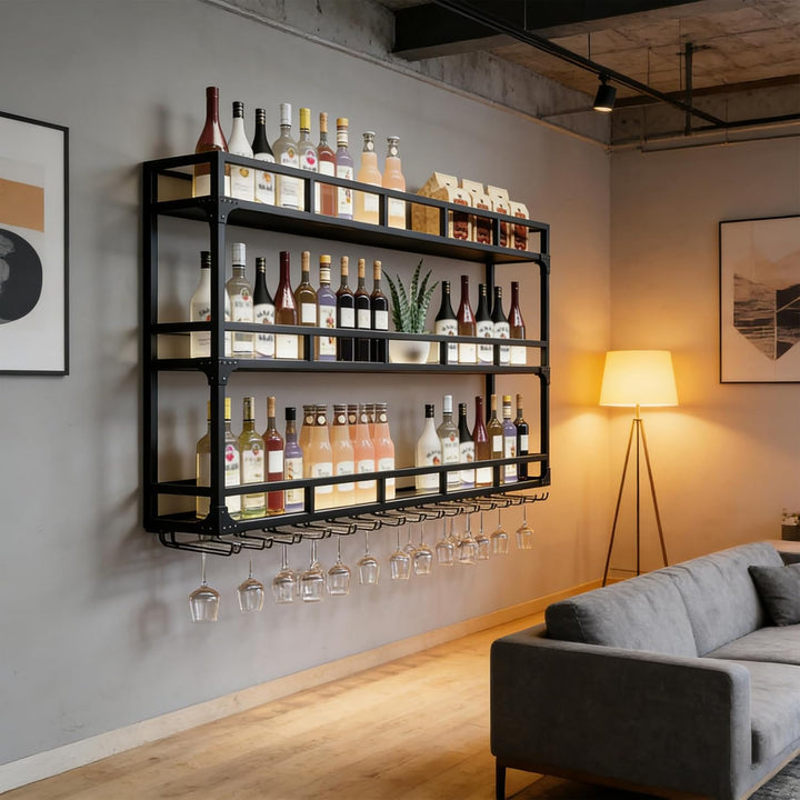 Weinregal Wand, 3 Ebenen Wand-Weinregale mit Glashalter, Multi funktionaler Weinpareite Display Rack