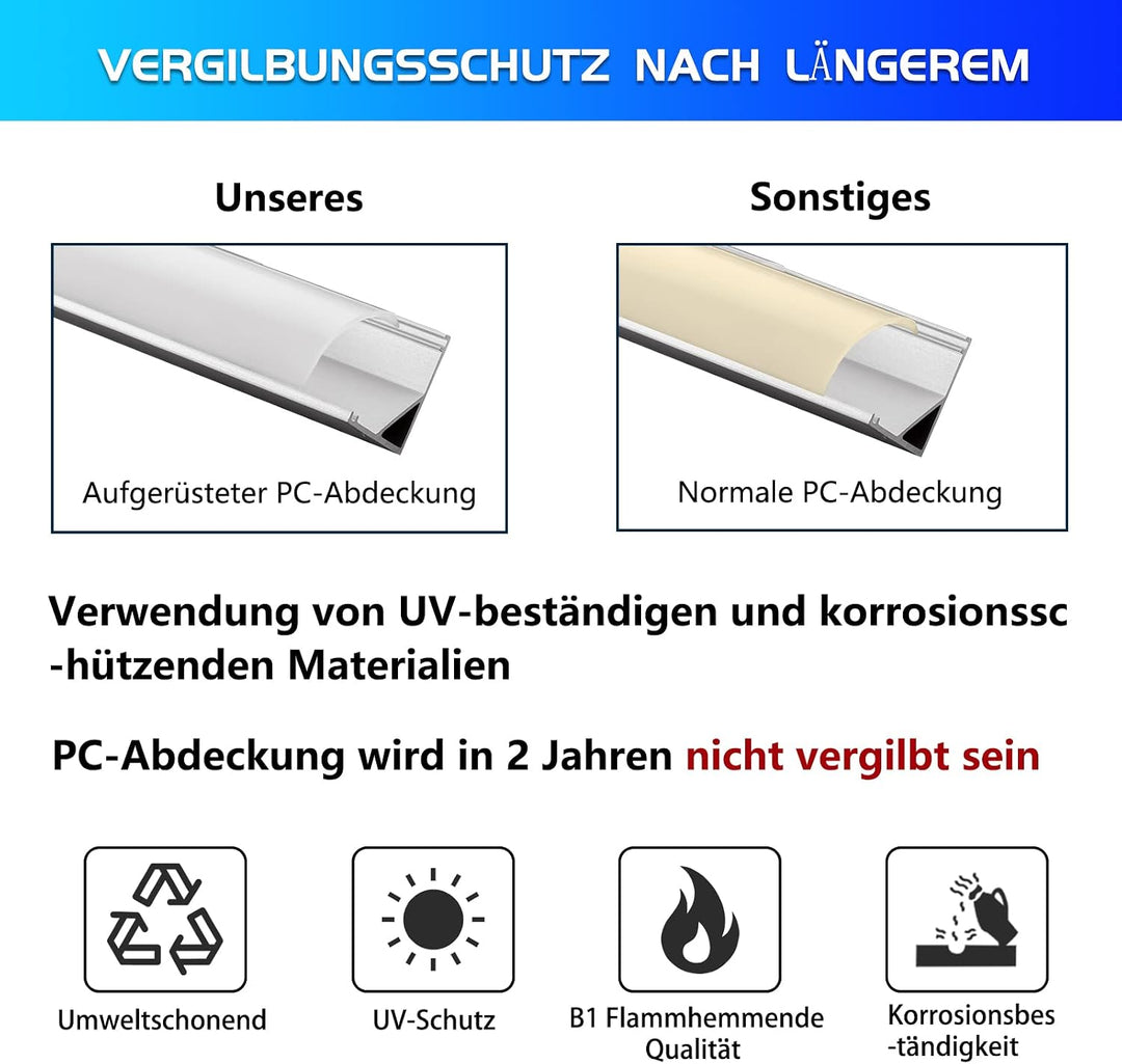Efishine Pack of 10 LED Profiles Aluminium 10 x 1 m, V-Shape Aluminium Profiles with Milky Cover, En