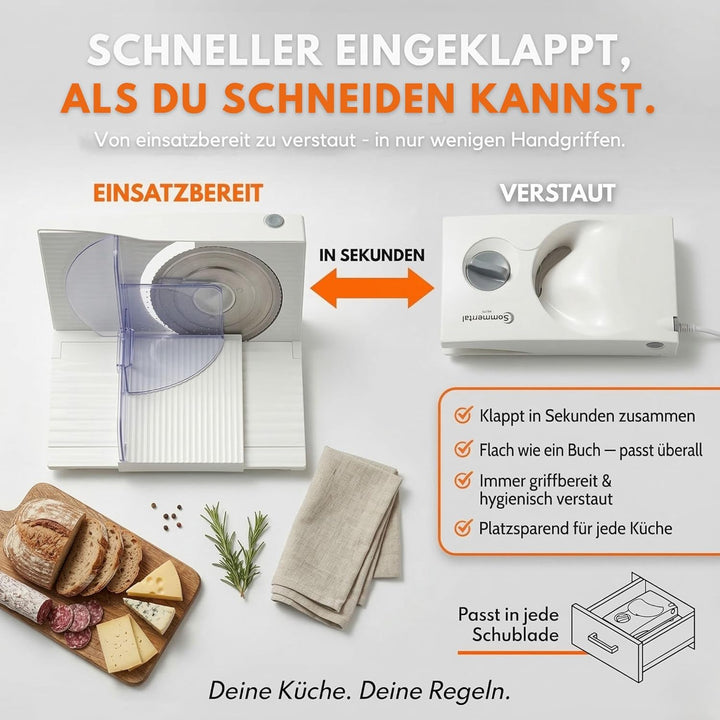 Sommertal Allesschneider AS170 150W Edelstahlmesser mit Wellenschliff, Klappbar platzsparend, elektr