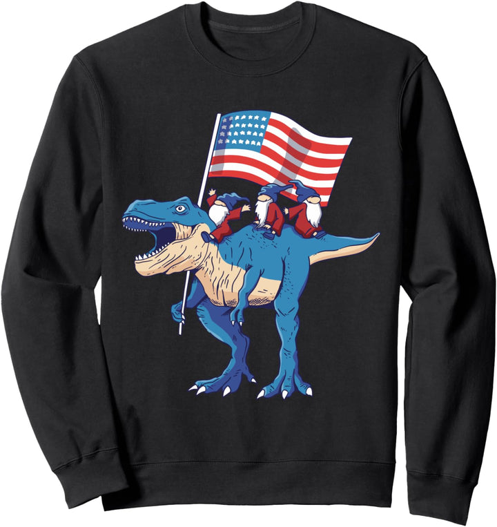 Lustige Gnome reiten Dinosaurier USA Flagge 4. Juli Sweatshirt