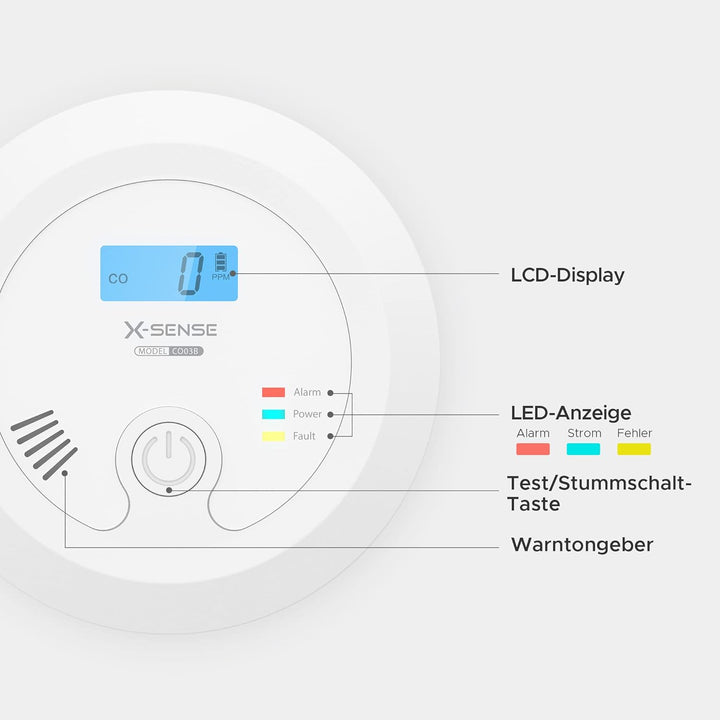 X-Sense CO Melder mit austauschbarer Batteriebetrie und LCD Display inkl. CO-Konzentration, Kohlenmo