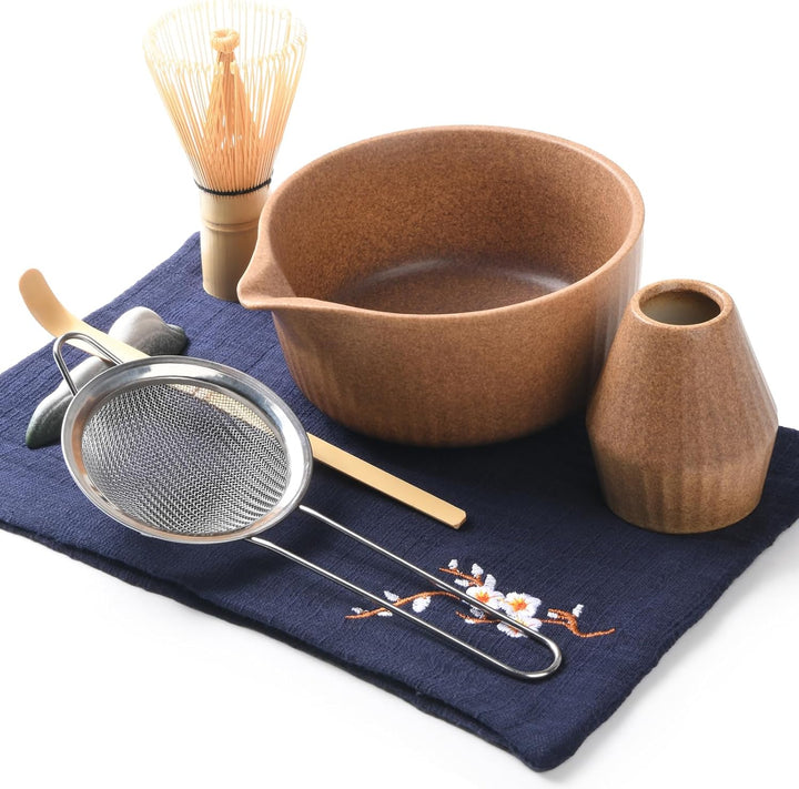 Matcha Set Premium 7-teilig Keramik: Matcha Schale, Bambus Besen (Chasen),Teebesenbasis，Teelöffel, S
