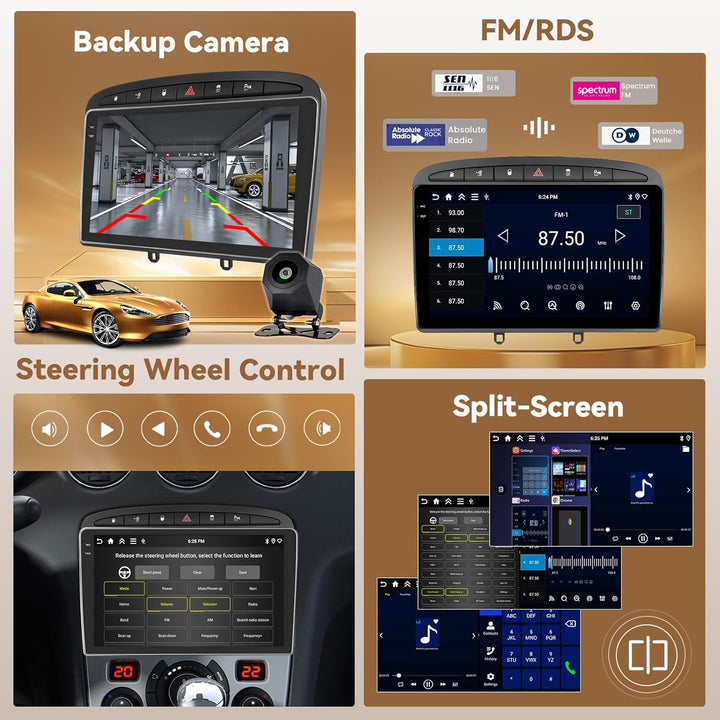 Hikity Android 15 4+128G Autoradio für Peugeot 308/408 2007-2015 mit 9 Zoll Incell Touchscreen, Auto