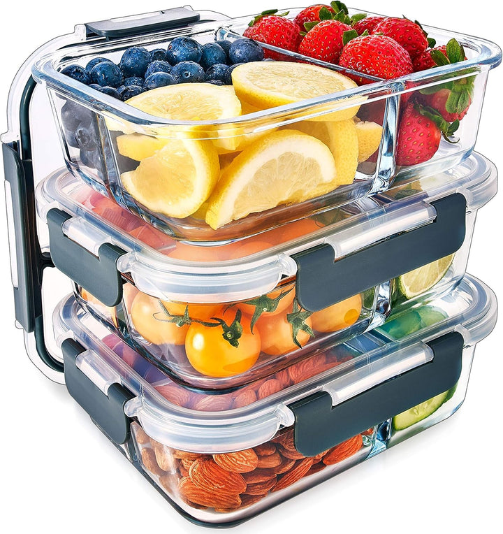 Meal Prep Container aus Glas mit 3 Fächern und Transparentem Deckel - Luftdicht Verschliessbare Fris