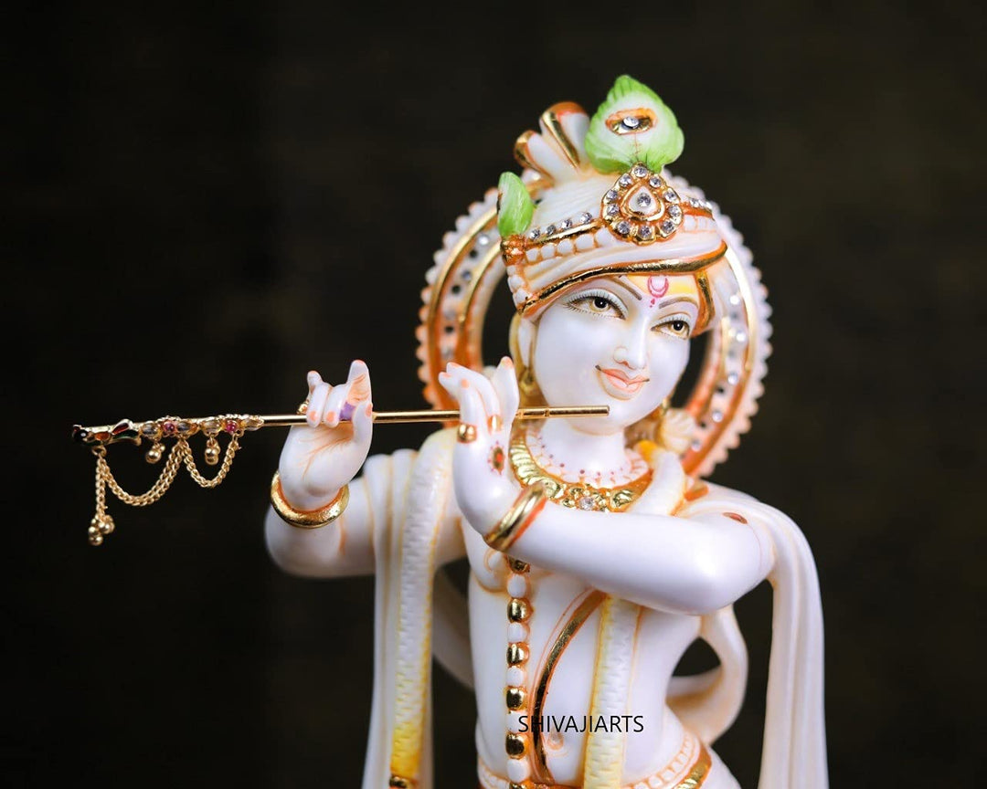 Krishna-Statue – 43,2 cm stehender Marmor-Lord Krishna Murti, Spielflöte Hase, Krishna Idol Hindu-Go