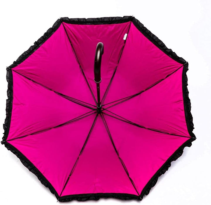 LUCKYWEATHER Regenschirm Stockschirm Damen Rüschenschirm schwarz/pink Holzstock Double Layer I Stock