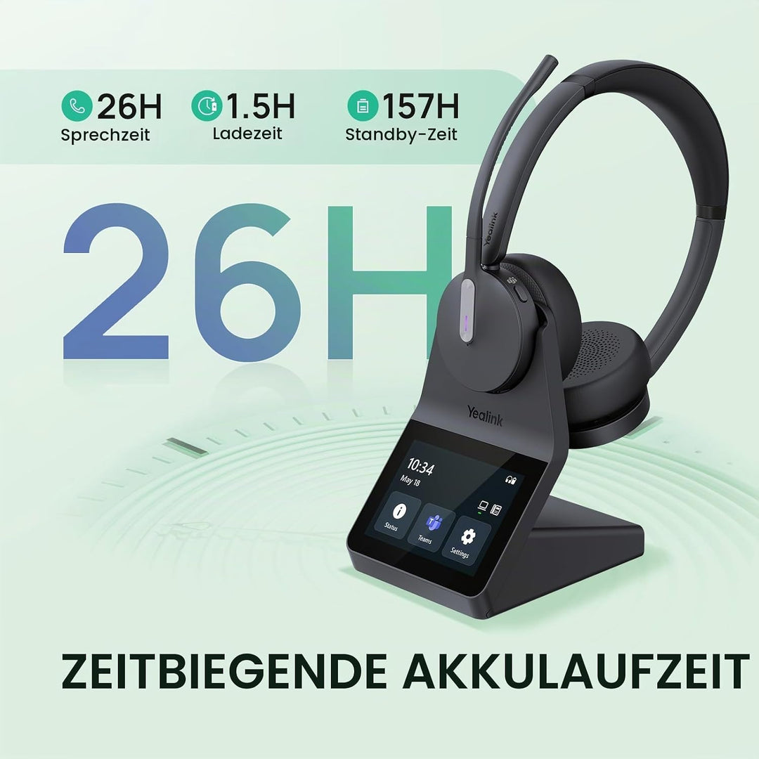 Yealink WH64 Pro DECT &amp; Bluetooth Wireless Headset, 3.5" Touchscreen, Teams,UC,Zoom Dual On Ear Head
