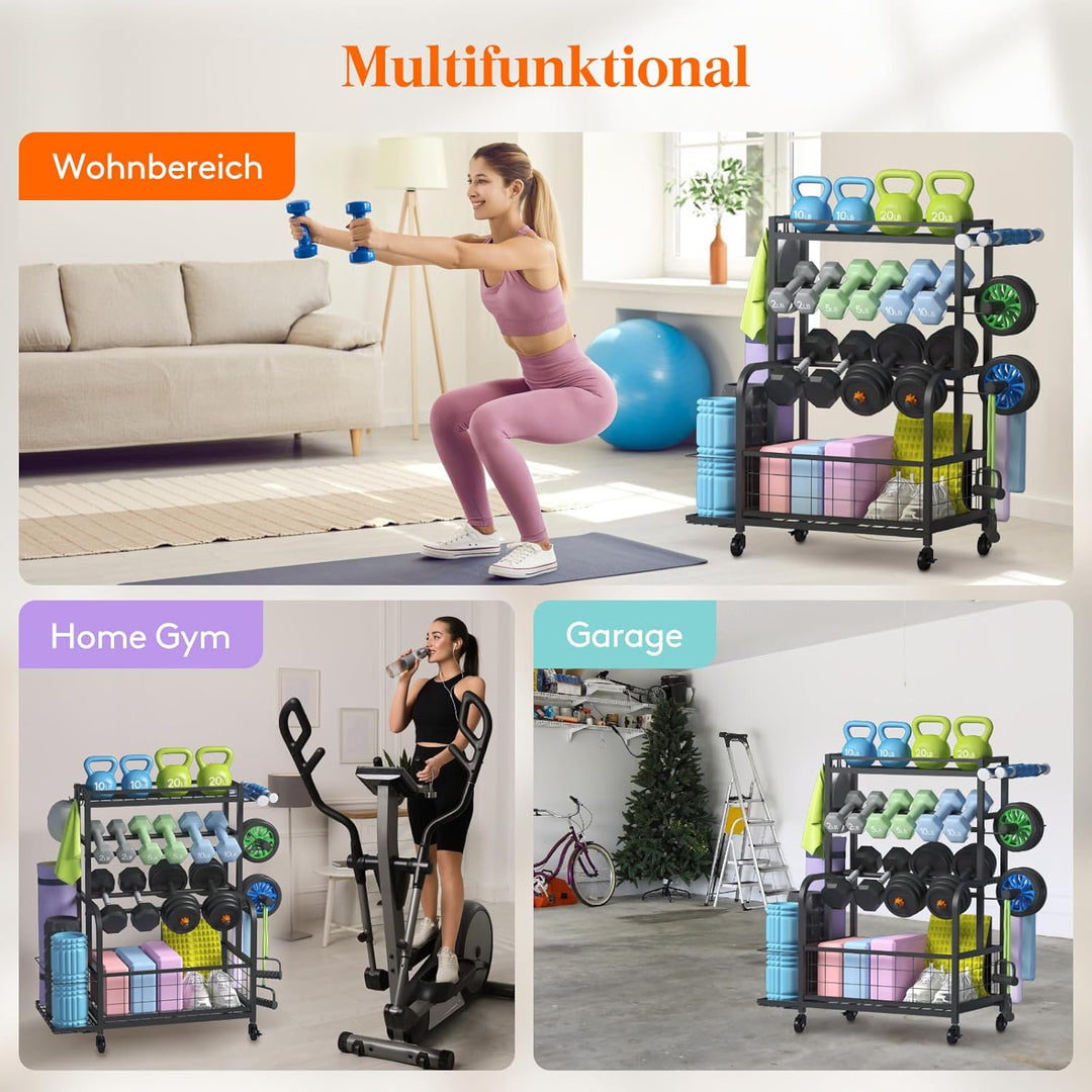 Lifewit Hantelständer für Home Gym, Hantelablage mit Abschliessbare Universal-Räder und Haken, Kettl
