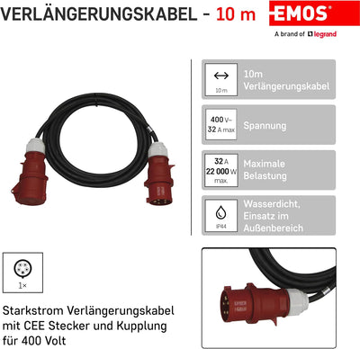 EMOS CEE-Verlängerungskabel 10m 5-polig Stecker, 5X 32 A / 400V / 22 000 W, 4 mm2, IP44 wasserdichte