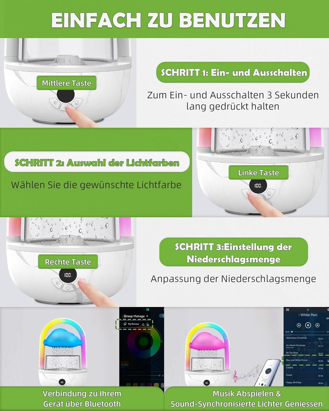 Regenwolken Luftbefeuchter Mit Regenbogenlicht, Weljoy Humidifier Mit Exklusive APP, Luftbefeuchter