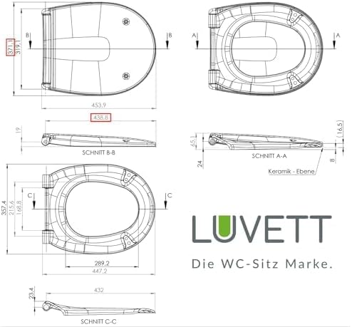 LUVETT® WC-Sitz mit Absenkautomatik C100 oval universell, Toilettendeckel mit 3 Edelstahl Montagelös