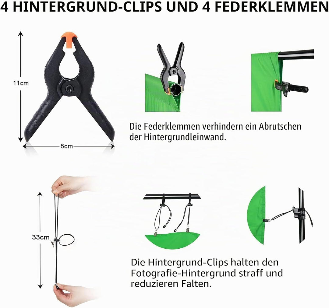 Vevelux 2.6 x 3 M Foto Hintergrund Ständer, Verstellbarer Hintergrundsystem mit 4 Klammer, 2 Sandsac