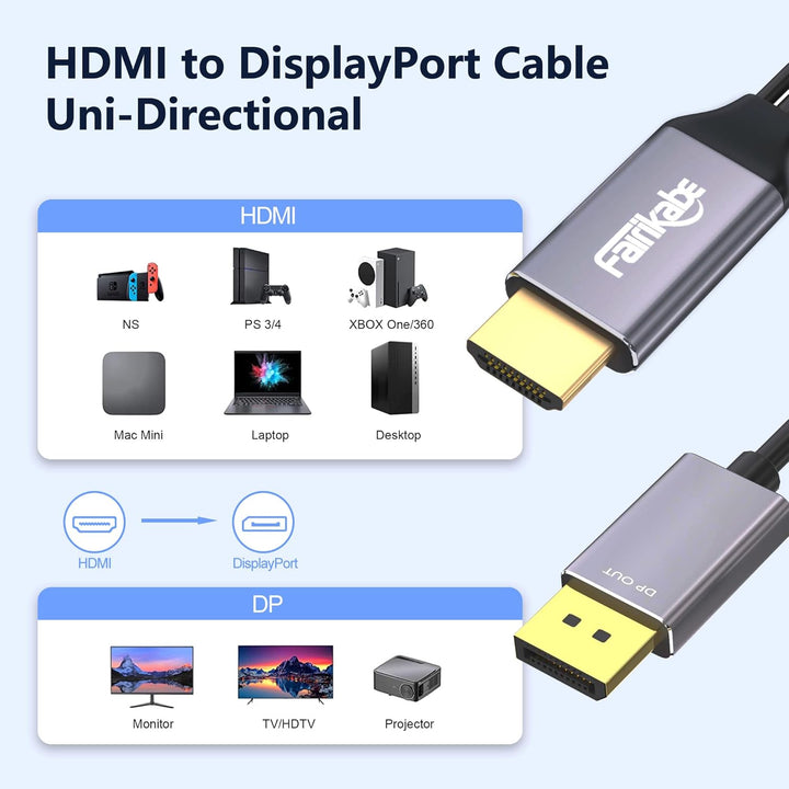 fairikabe Aktives HDMI-zu-Displayport-Kabel 4K@60Hz [6,6 FT/2 M, unidirektional], HDMI-Eingang zu DP