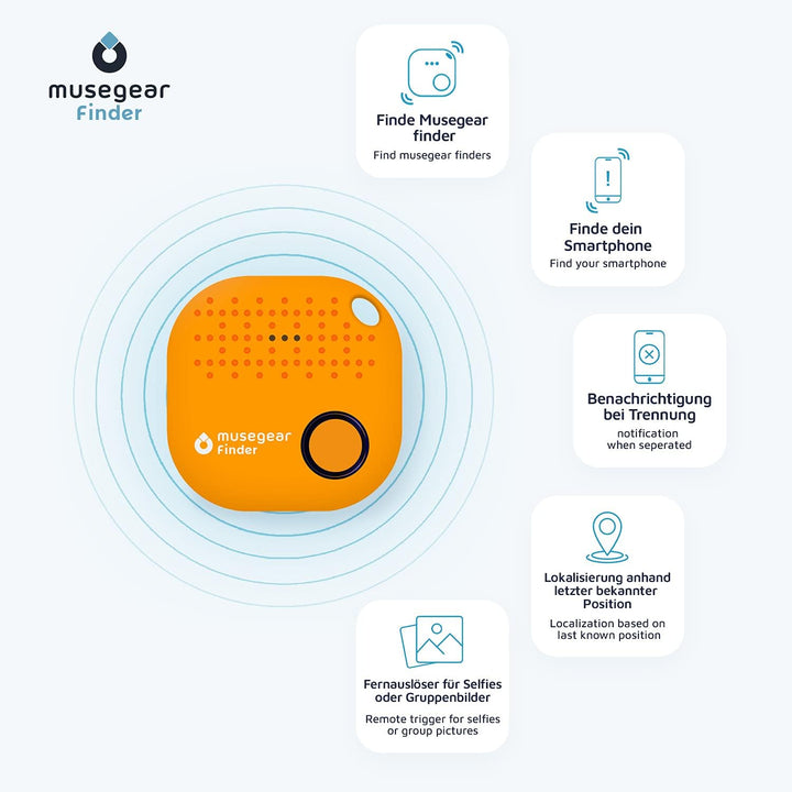 musegear Schlüsselfinder mit Bluetooth App aus Deutschland I Maximaler Datenschutz I orange 2er Pack