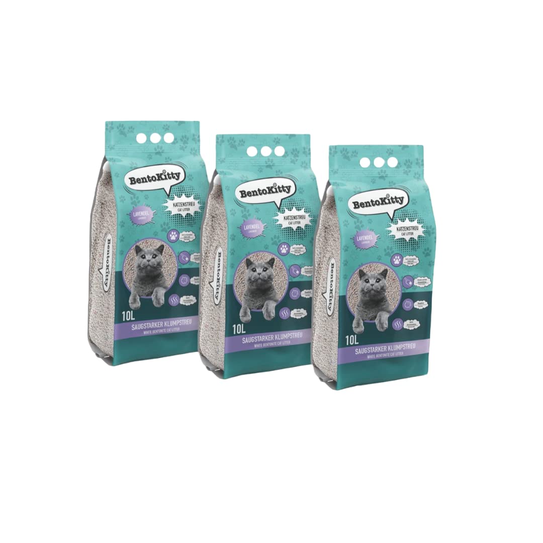 BentoKitty Katzenstreu (30L, 3er Pack) mit Lavendel Duft, Klumpend, weiss, feinkörnig, Klumpstreu au