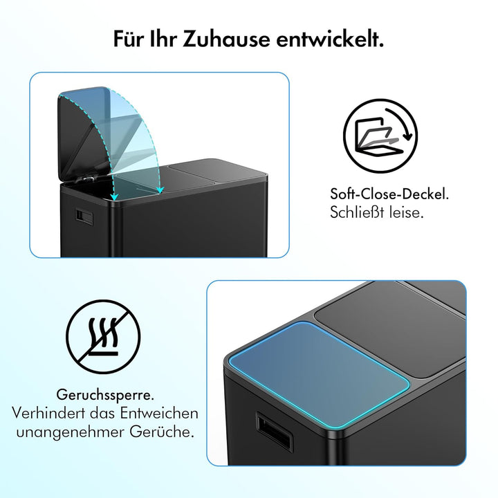 VonHaus Mülleimer Küche 3 Fächer, 45L Recycling Mülltrennsystem – Abfalleimer Biomüll, Rutschfester