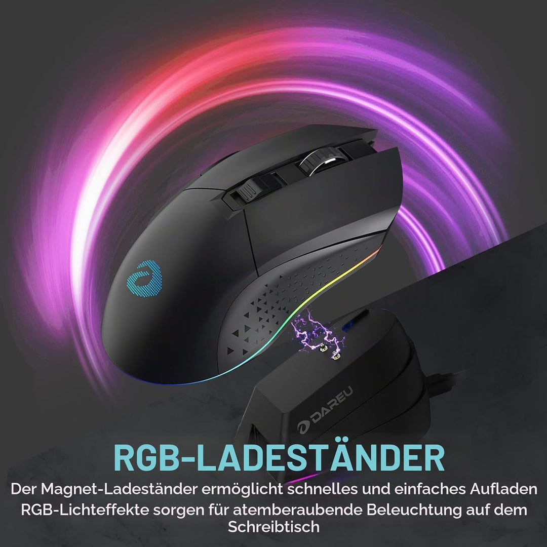 DAREU EM901X Kabellose Gaming-Maus mit Ladestation Wiederaufladbar RGB, 12K DPI, 6 Programmierbare T