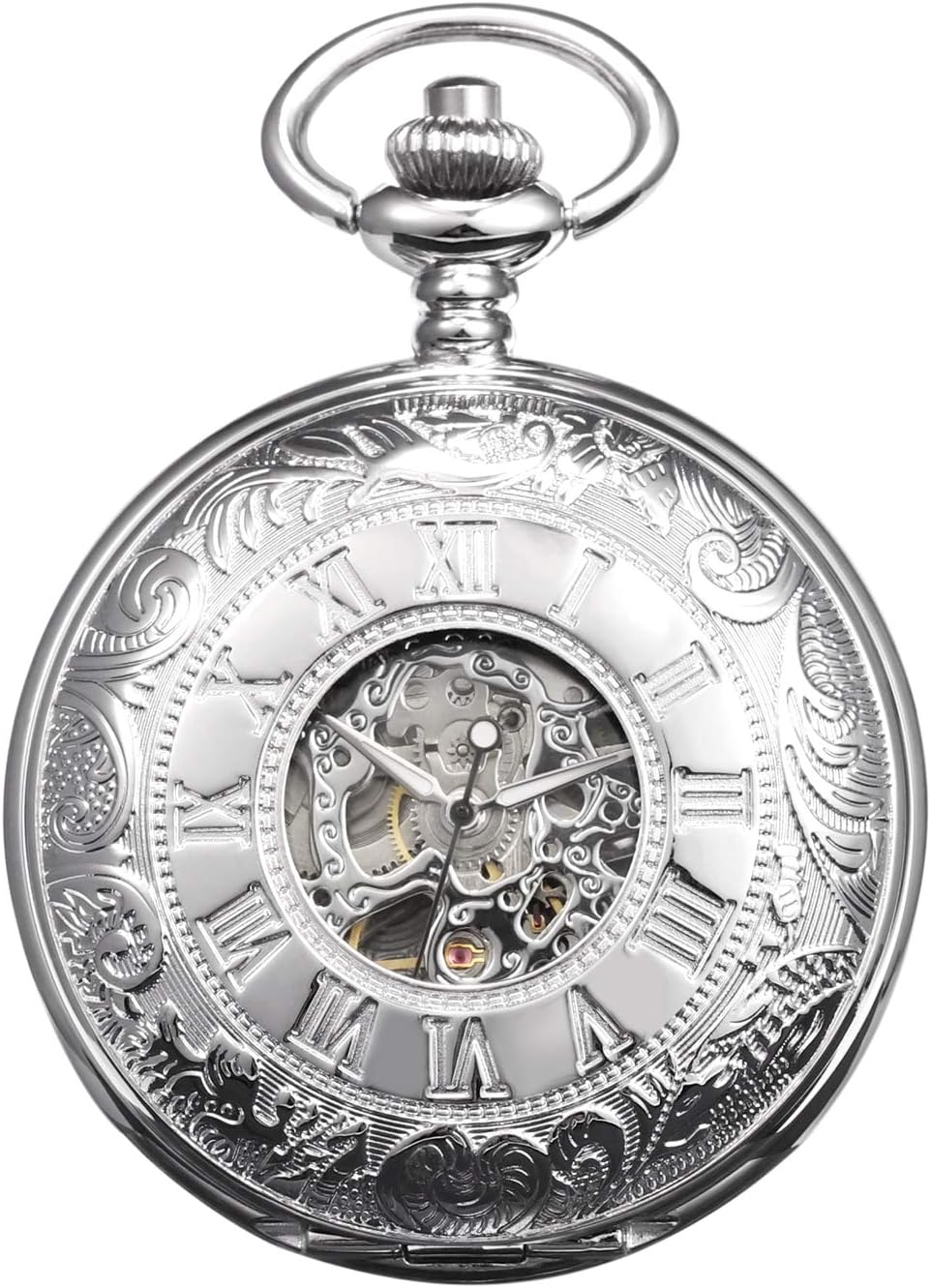 TREEWETO Unisex Taschenuhr mit Kette Mechanische Handaufzug Doppelscharnier Antik Skelett Römische Z