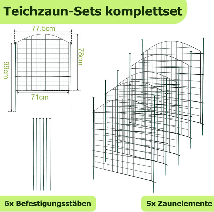 Yakimz Teichzaun, 11 Stück Set Gitterzaun Metallgitter, Teichzaun Steckzaun Metallzaun - 5 Zauneleme