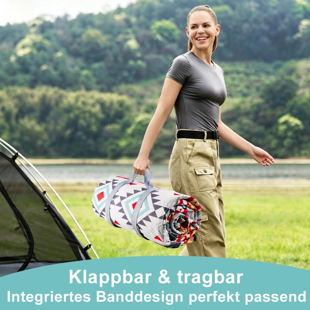 200 x 200 cm Picknickdecke Wasserdicht, Streifen Sandfeste Stranddecke Tragbare Stranddecke XXL Camp