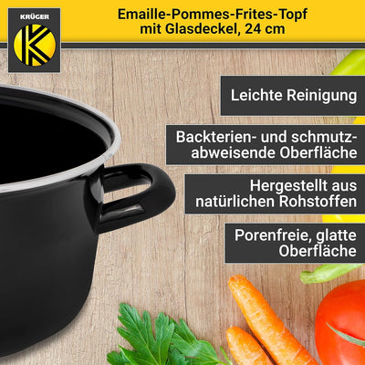 Krüger Emaille-Pommes-Frites-Topf mit Chromrand, Siebeinsatz und Aufliege-Glasdeckel - 24cm - perfek