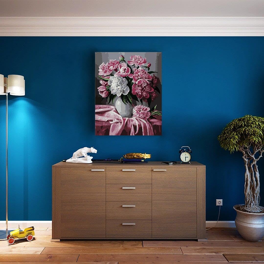Artnapi Malen nach Zahlen Erwachsene mit Rahmen | DIY Handgemalt | Blumen - Rosa und weisse Pfingstr