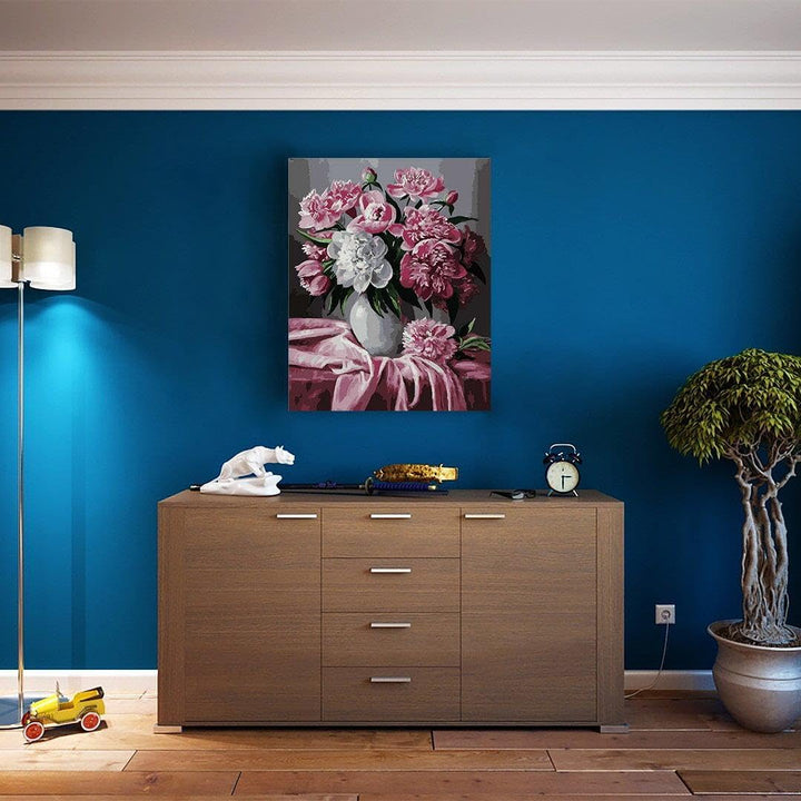 Artnapi Malen nach Zahlen Erwachsene mit Rahmen | DIY Handgemalt | Blumen - Rosa und weisse Pfingstr