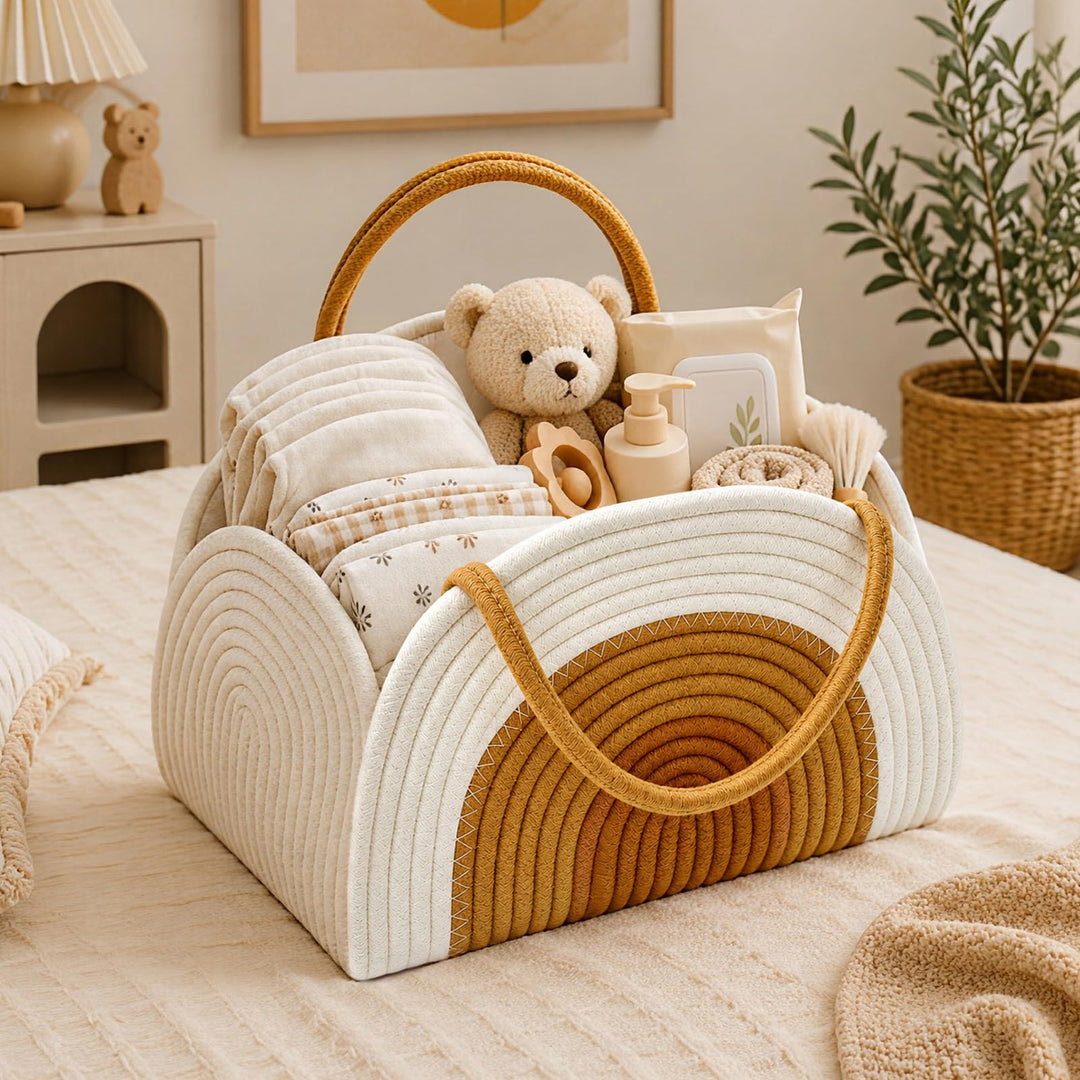 Baby Windel Caddy Organizer, Wickeltisch Organizer mit Fächern und Griffen, Tragbarer Wickeltasche O
