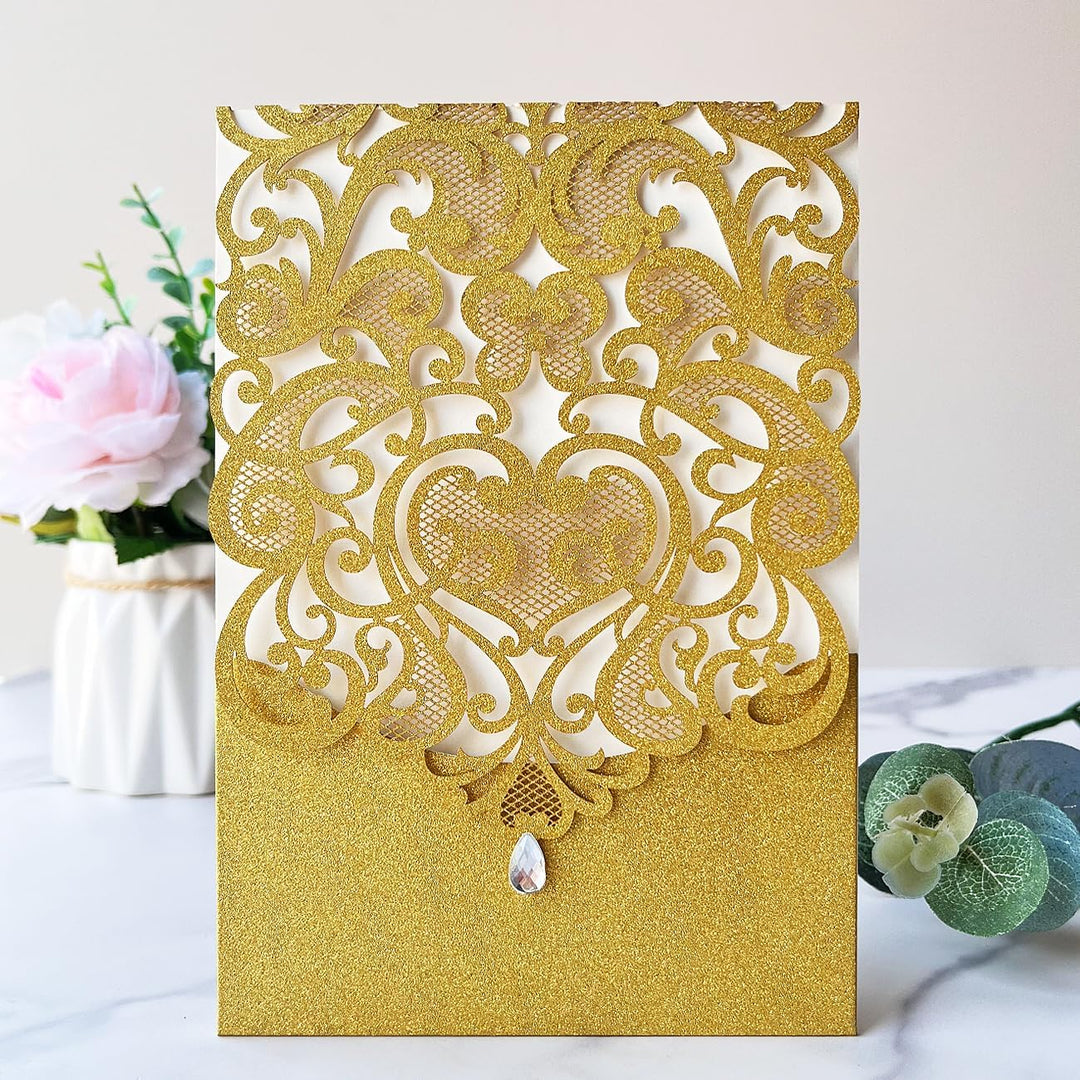 Hosmsua 20x Golden Glitzer Hochzeit EinladungsKarten Lasercut Rose Spitze Wasserdiamant Hochzeitsein
