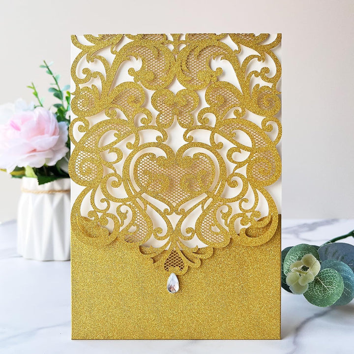 Hosmsua 20x Golden Glitzer Hochzeit EinladungsKarten Lasercut Rose Spitze Wasserdiamant Hochzeitsein
