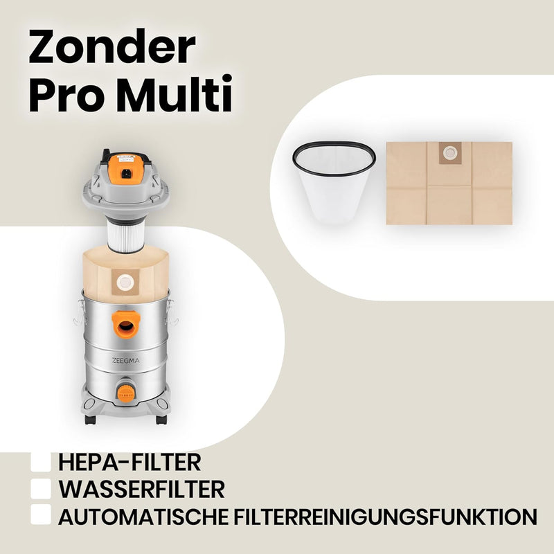 Zeegma ZONDER PRO Multi Nass Trockensauger, Industriestaubsauger 1600W für Asche, Behälter 25 L, Fil