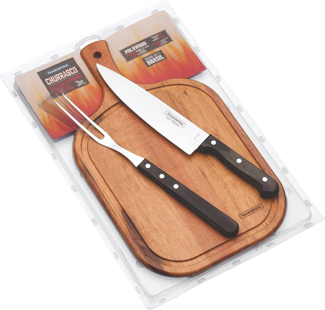 Tramontina Tranchierset, 3-teilig, Tranchiermesser, Tranchiergabel und Schneidebrett, FSC Handgerät,