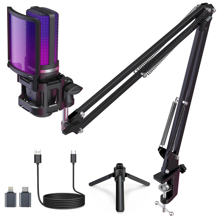 zealsound USB Gaming Mikrofon für PC Mac iPhone mit RGB/Mute/2 Adapter & 2 Ständer(USB-C & Lightning