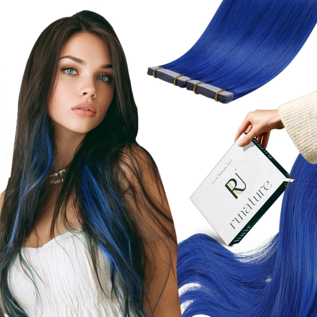 RUNATURE 50cm Tape Echthaar Extensions Blue Tape in Extensions Human Hair Blau Haarverlängerung Tape