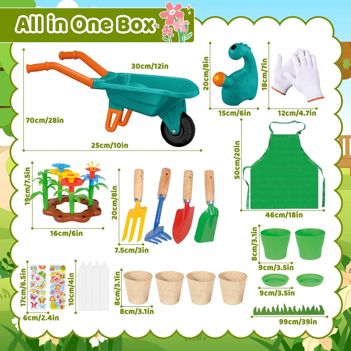 deAO Gartenset Kinder, Gartengeräte Spielzeug mit Schubkarre, Schaufel, Rechen, Blumentöpfe, Handsch