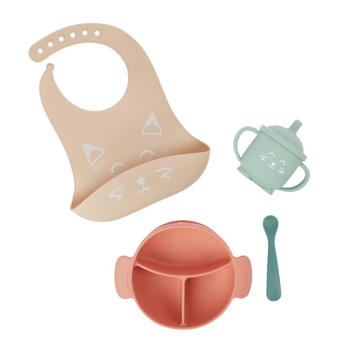 Babymoov Baby Geschirrset LEARN'ISY Hund - 4er Set aus Silikon, Trinklernbecher, Baby Lätzchen, Baby