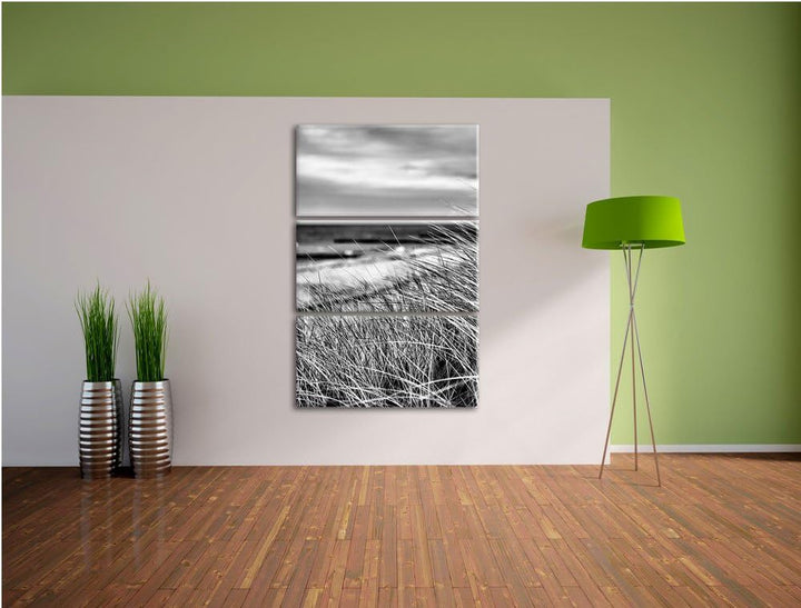 Pixxprint Monocrome, Sanddünen mit Schilfgras am Meer 3-Teiler Leinwandbild 120x80 Bild auf Leinwand