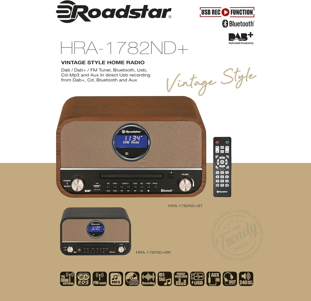 Roadstar Nostalgie Retro-Radio mit Bluetooth und CD MP3 Player im Holzgehäuse mit Weck-Funktion (DAB