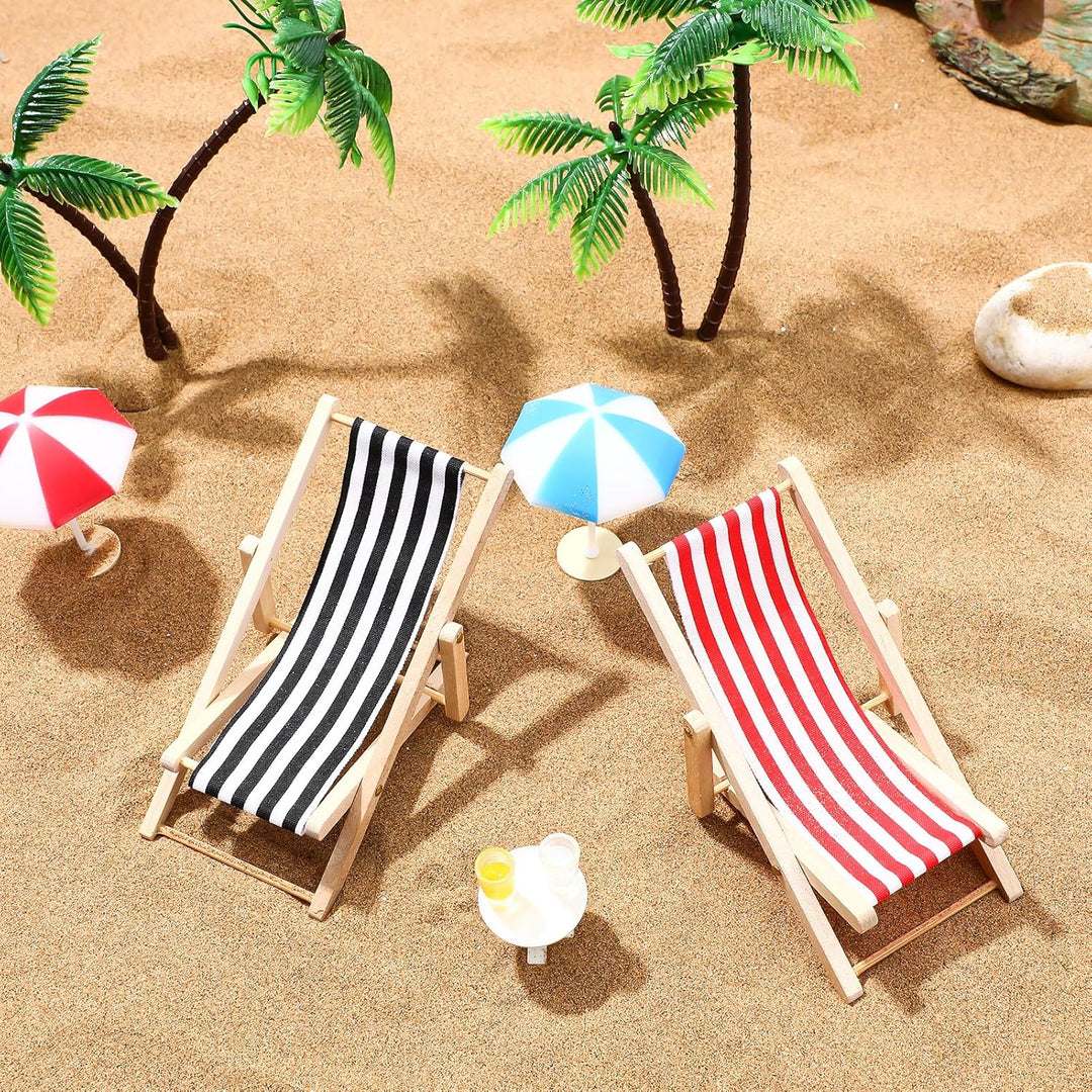 Generisch Strand-Mikrolandschaft Miniatur-Set Mit Mini LiegestüHlen Palmen Sonnenschirmen Und Rundem