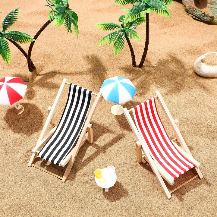 Generisch Strand-Mikrolandschaft Miniatur-Set Mit Mini LiegestüHlen Palmen Sonnenschirmen Und Rundem