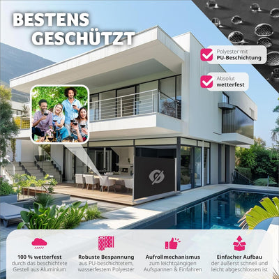 tectake blickdichte Aluminium Seitenmarkise, Wind- und Sichtschutz für Balkon, Garten und Terrasse,